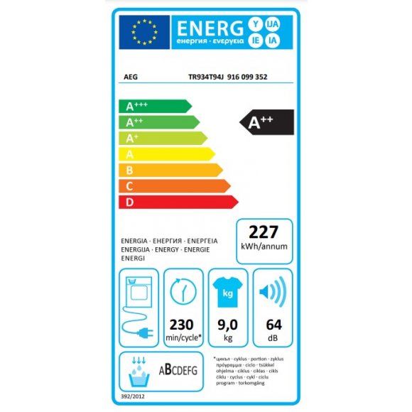 AEG TR934T94J Kondenstørretumbler med varmepumpe_energi