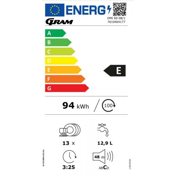 Gram OMI60-08/1 integrerbar opvaskemaskine, energilabel | Lindved El 